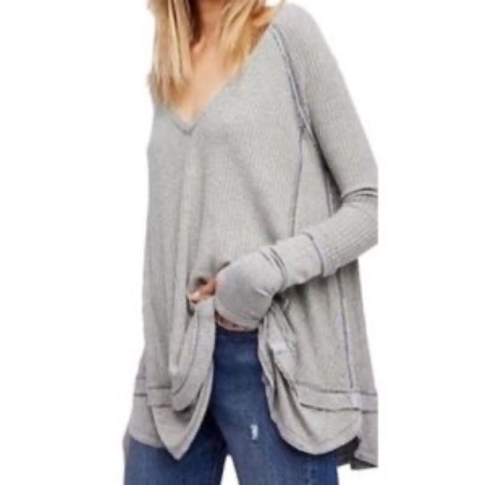 Free People‎ We The Free Grey Raw Hem Waffle/Knit Layered V Neck Top Sz S
